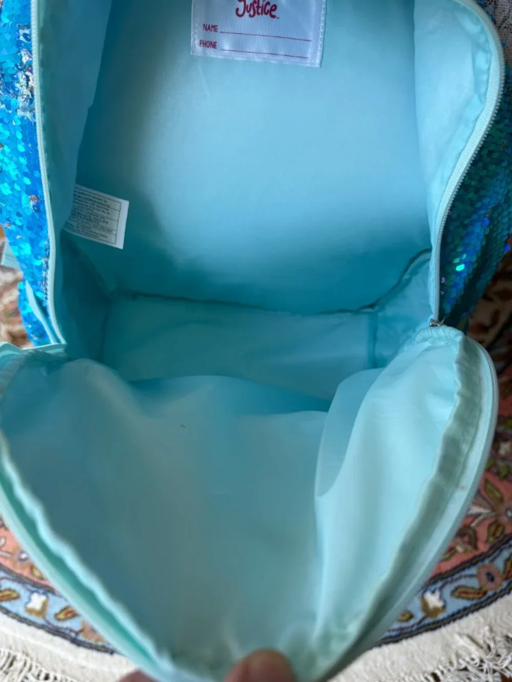 Justice Aqua Blue Holographic Flip Sequin Backpack with Fluffy Pom Charm